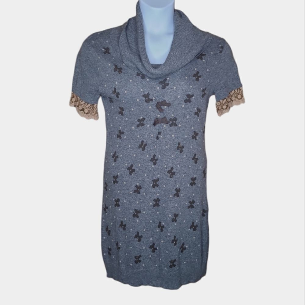 SISTE'S Y2K gray angora blend lace trim cowl neck sweater tunic dress M
